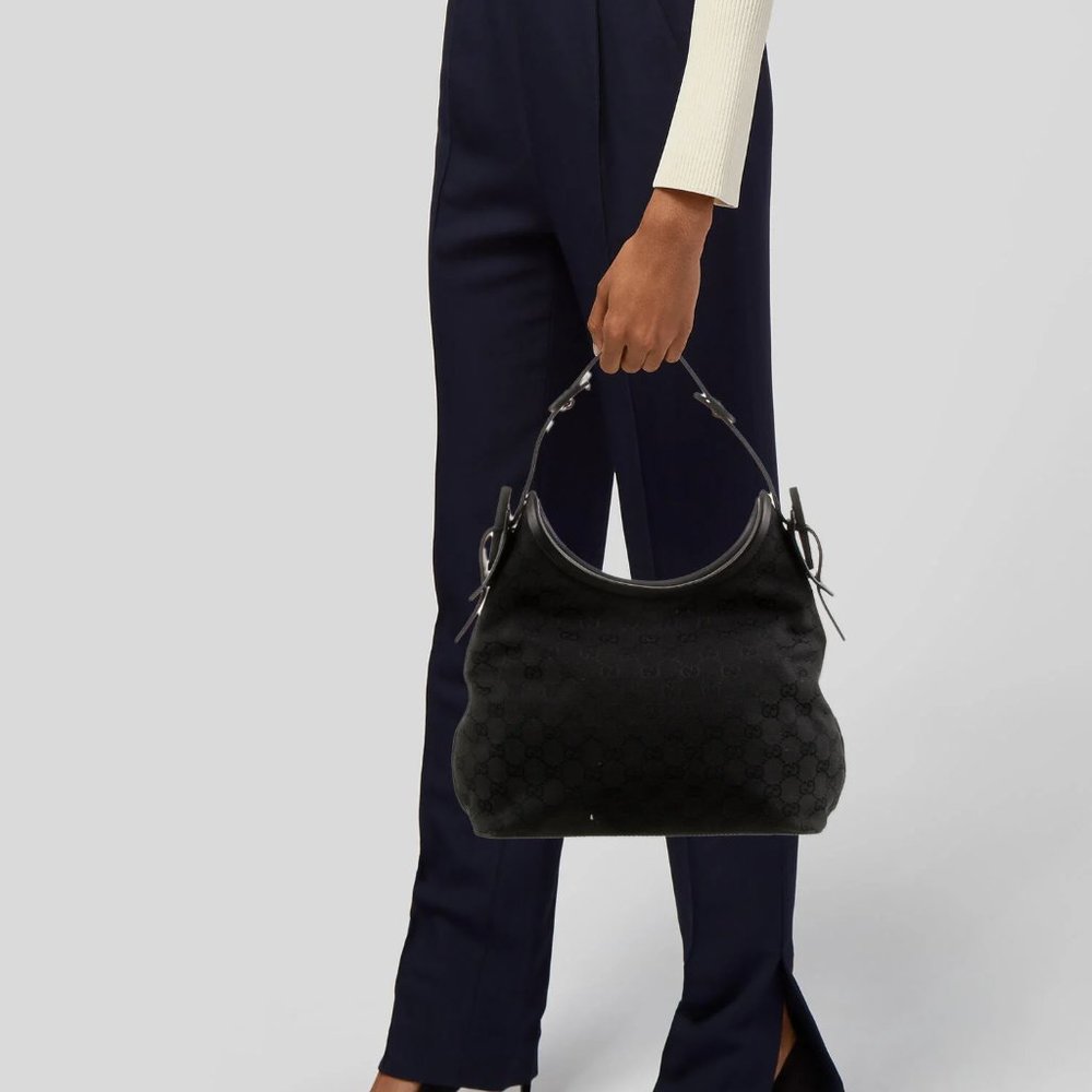 Gucci GG Canvas Wooden Accent Hobo Bag Black - Picture 2 of 9